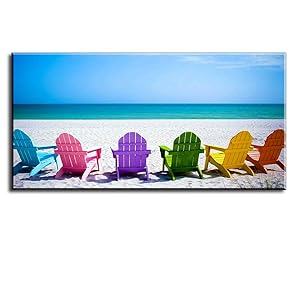 Beach Canvas Wall Art for Living Room, PIY Blue Sea with Colorful Chairs Picture Prints Decor, Relax Leisure Time Home Decorations (1" Thick Frame, Waterproof, Bracket Mounted Ready Hanging)