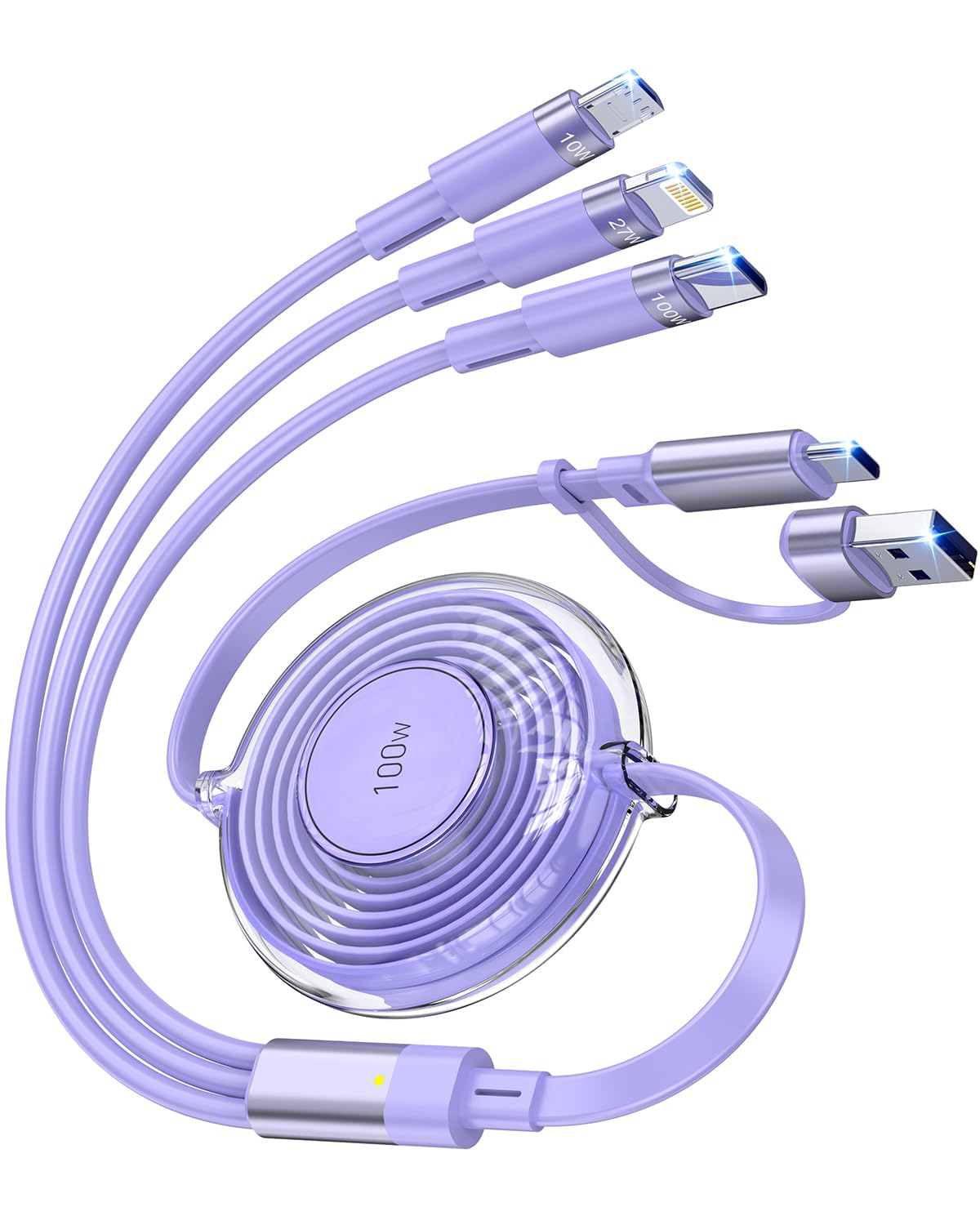 Photo 1 of 100W 6-in-1 Retractable Multi Charging Cable, USB C/Lightning/Micro Multi Charger Cord for iPhones, iPads, MacBook, Tablets, Galaxy, Note & More - 4Ft/1.2M 5A Fast Charging, Durable & Portable, Purple