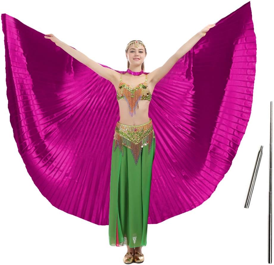iMucci 14 Colors Belly Dance Wing with Rods–360 Degree Isis Angel Wings with Portable Telescopic Sticks for Adults and Child