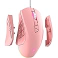 ROYALAXE Wired Gaming Mouse with Side Plates, MMO Mouse with 14 Programmable Buttons, Ergonomic Gaming Mouse with 2 Grip Plates, Computer Mouse with Max 12,400 DPI, RGB Lighting, Pink