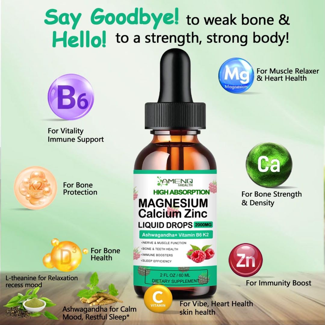 AMENQ hHEALTH Calcium Magnesium Zinc with Magnesium Glycinate 400mg Plus Vitamin C D3 K2 Liquid Drop, High Potency Liquid Calcium Magnesium Supplement for Bone, Muscle, Immune, Mood, Sleep