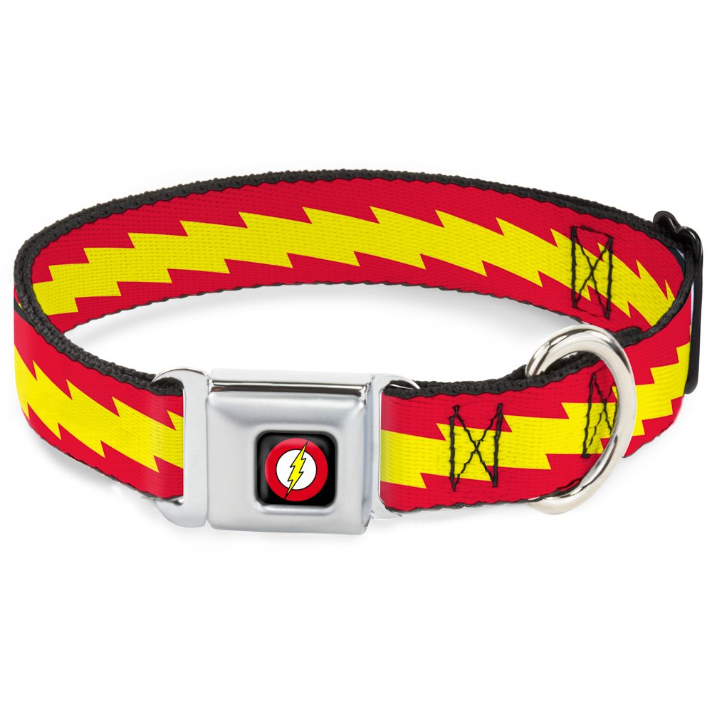Buckle Down Seatbelt Buckle Dog Collar - The Flash Bolt Stripe Red/Yellow - 1" Wide - Fits 15-26" Neck - Large