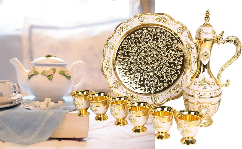 Vintage Turkish Coffee & Tea Pot Set - 8 Pieces With Tray, Teapot, 6 Glasses, Silver Finish & Crystals