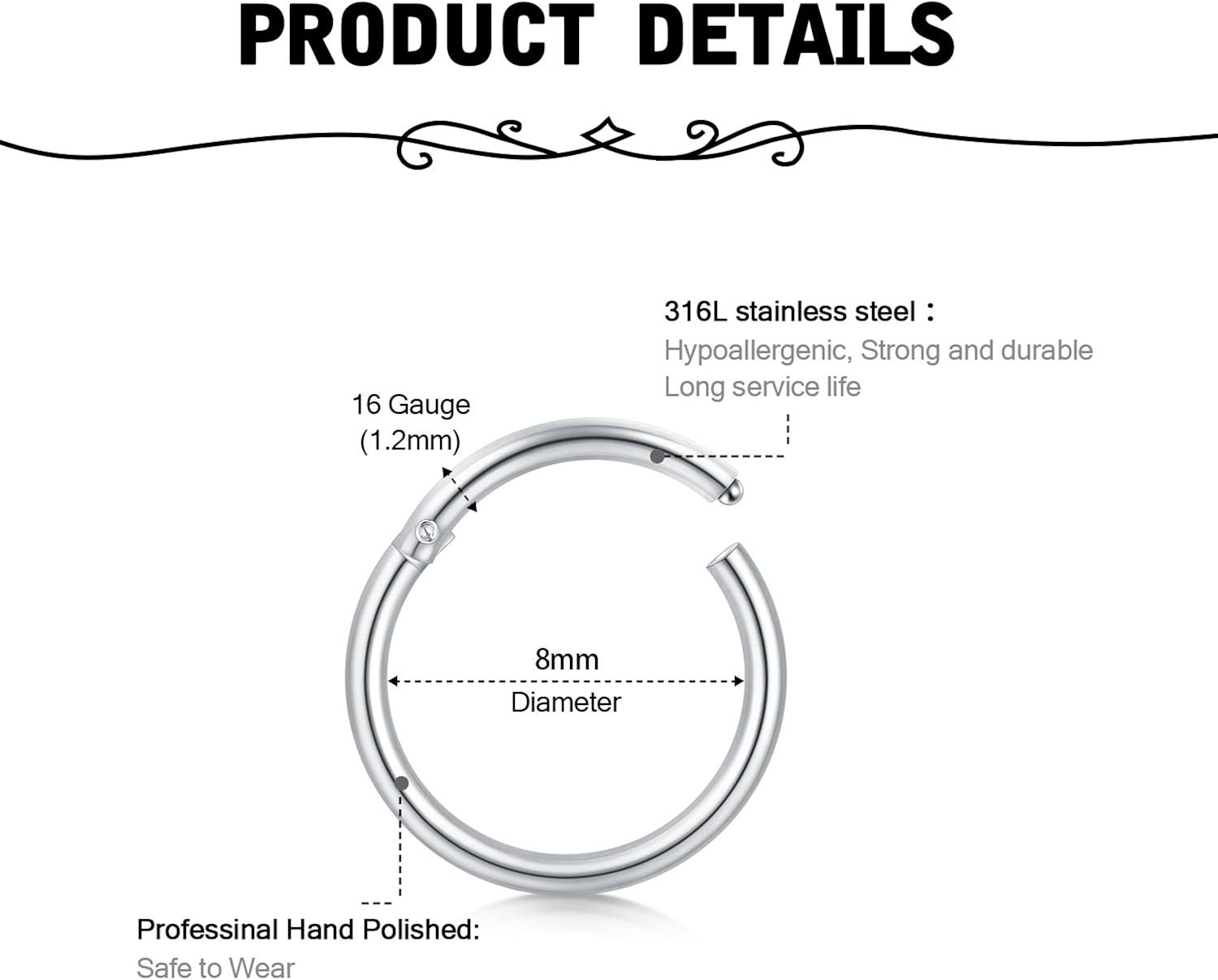 Briana Williams 2pcs 16G Nose Rings Hinged 8mm Seamless Clicker Tragus Helix Daith Lip Ring 1.2mm Surgical Steel Piercing - Image 3