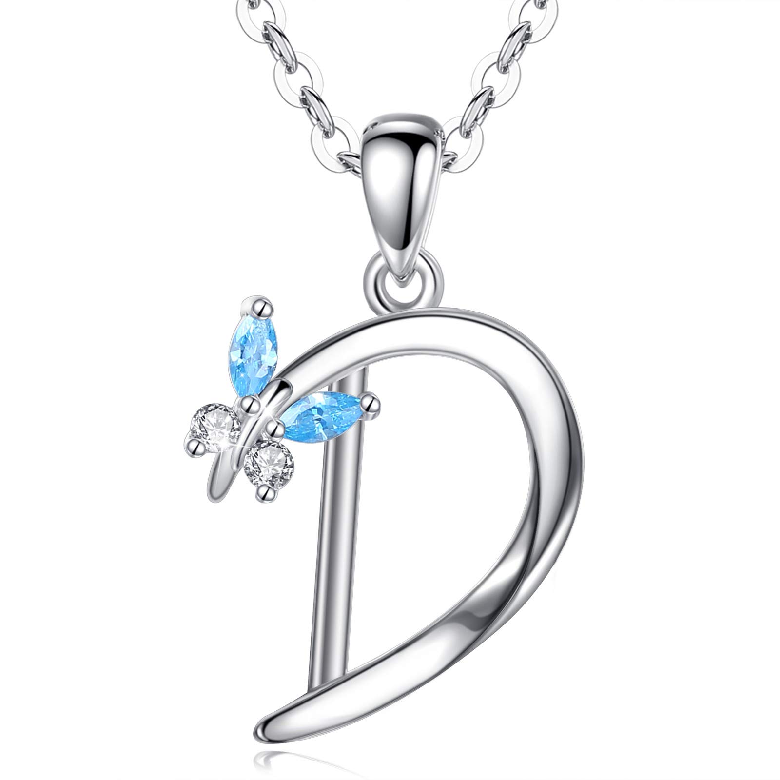 EUDORA Initial Butterfly Necklace 925 Sterling Silver D Alphabet Letter Personalised Pendant Necklaces with Blue Cubic-Zirconia Gifts for Women Ladies Girls Mother's day, 18 inches Chain