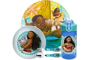 Zak Designs Moana Dinnerware Set Includes Plate, Bowl, Water Bottle, and Utensil Tableware, Made of Durable Material and Perfect for Kids (Moana and Maui, 5 Piece Set, BPA Free)