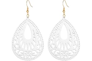 MALOYANVE Bohemian Wood Earrings for Women Girls Handmade Natural Retro Lightweight Teardrop Geometric Hollow Wooden African Dangle Drop Geometric Statement Earrings Boho Vintage Ethnic