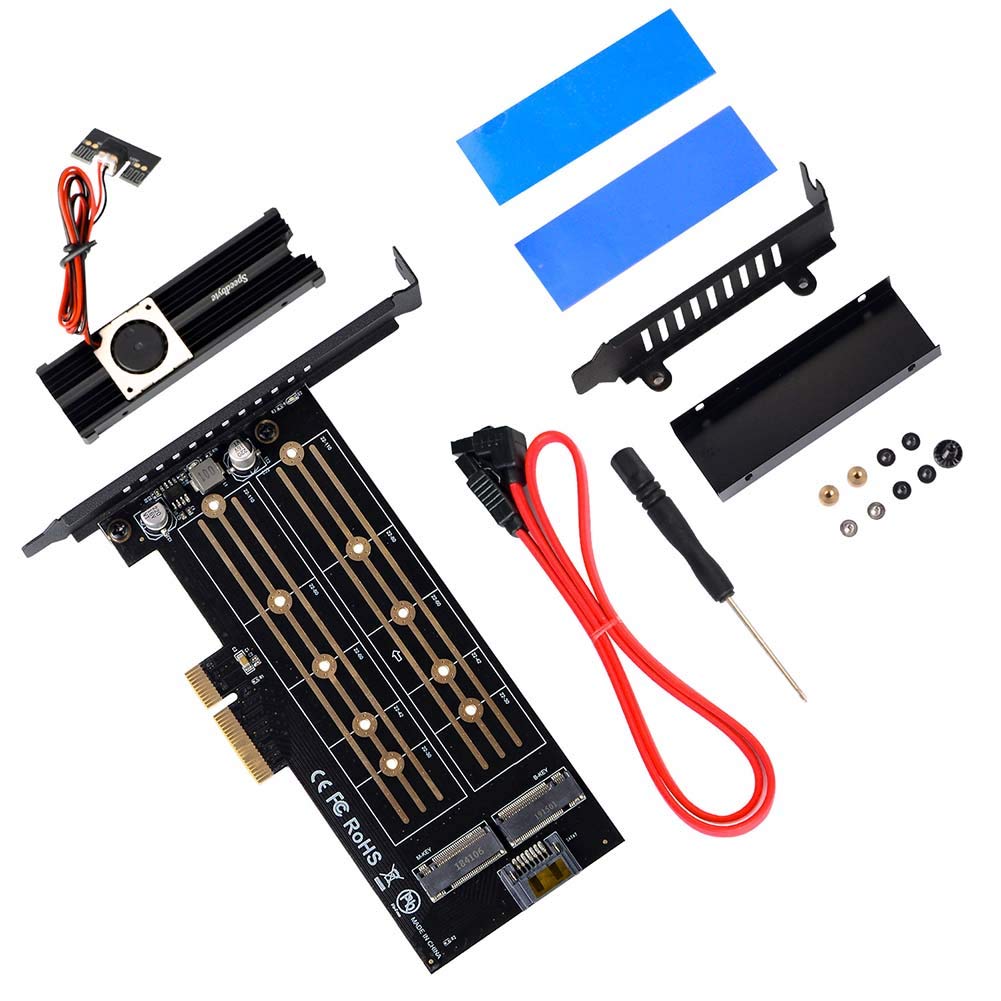 Dual M.2 PCIe Adapter, M.2 NVME SSD (M Key) or M.2 SATA SSD (B Key) 22110 2280 2260 2242 2230 to PCI-e 3.0 x4 Host Controller Expansion Card with SSD Fan Cooler Heatsink for PC Desktop,Black