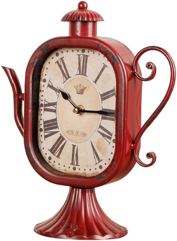 Retro Desk Clock and Table Clock Retro Mantel/European Iron Artifact Teapot Shaped Pendulum Pieces Bar Cafe Desktop Clock Parlor Shelf Clocks Desk Clock Shelf Clock (color : RED)