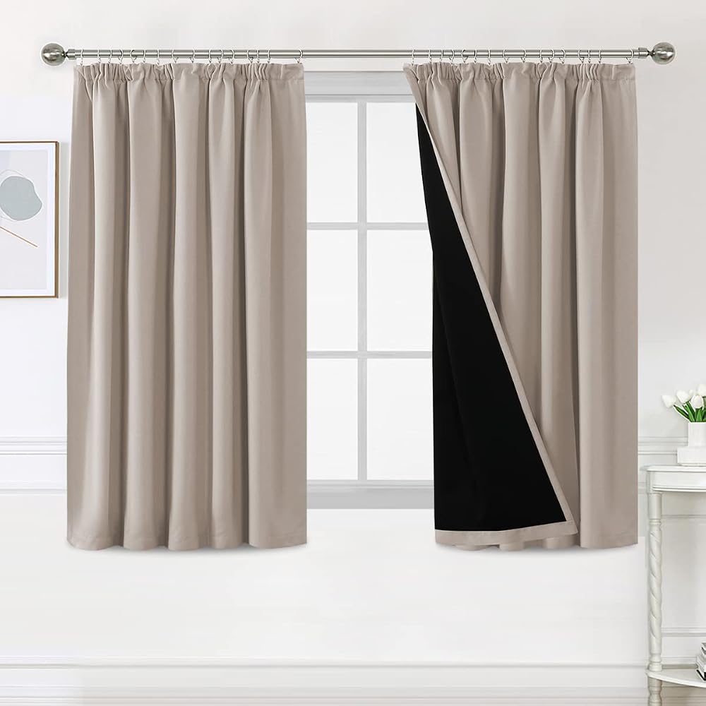 BellaHills 100% Blackout Curtains 2 Panels 46x54 Natural Sand Pencil Pleat