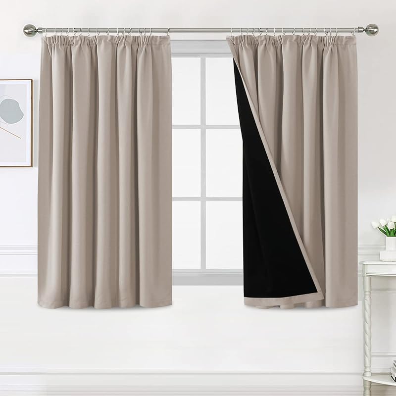 BellaHills 100% Blackout Curtains 2 Panels 46x54 Natural Sand Pencil Pleat