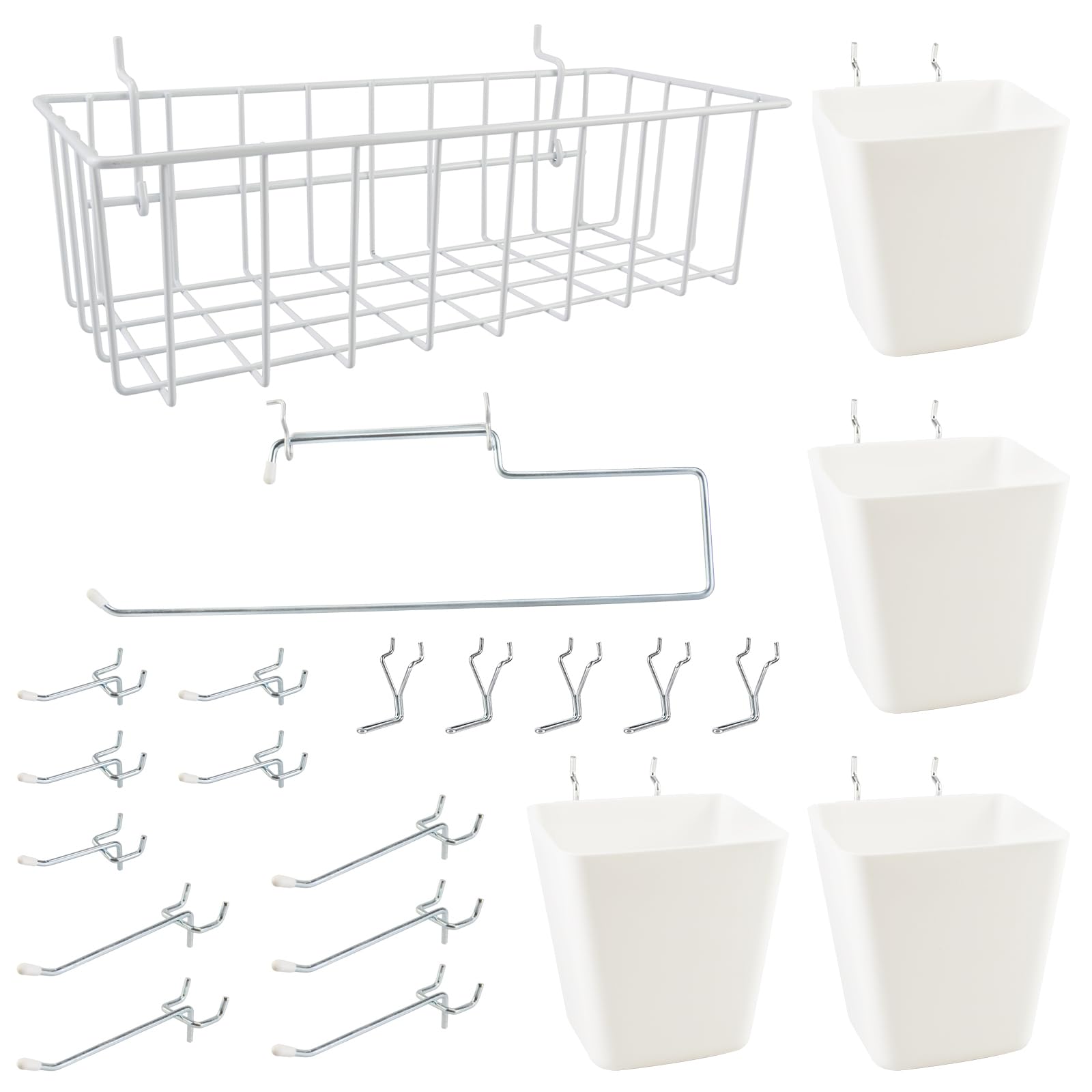 Photo 1 of G.CORE Peg Board Organizer 21 Pack, Pegboard Accessories with Baskets Cups Hooks - 1/8" & 1/4" Peg Board Wall Tool Organizers, Utility Holders & Hangers for Garage Craft Workbench (White & White)