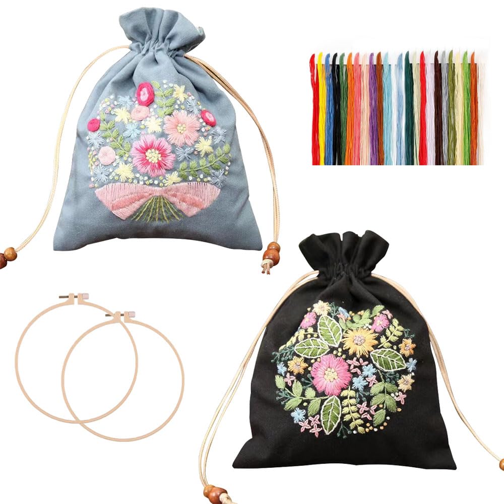 PAIKIUU 2Pack Embroidery Kits Drawstring Bag for Beginners Adults, DIY Sewing Handbag Kit Canvas Bag Embroidery Start Kit with Flower Patterns, Instruction and Hoops