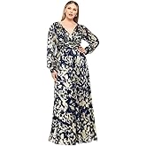 Betsy & Adam Womens Betsy & Adam Women's Long-Sleeve Gown with Plunging V-Neckline, Metallic Print, and A-line Silhouette.