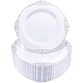 Hioasis 100pcs White Silver Plastic Plates for Party - 7.5" Dessert Plates Disposable, Heavy -duty, Classy and Elegant for Wedding