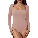 Laughido Women's Square Neck Long Sleeve Fitted Bodysuit Double Lined Fall Basic Trendy Tee Shirt Tops