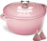 Overmont 26cm Enamelled Cast Iron Round Casserole Pot with Lid Pink 5.5QT