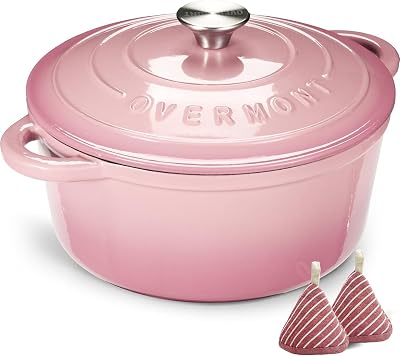 Overmont 26cm Enamelled Cast Iron Round Casserole Pot with Lid Pink 5.5QT