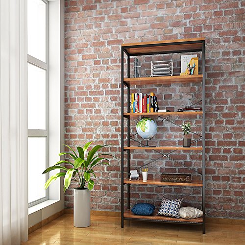 ROOJER 5-Tier Bookshelf, Industrial Ladder Shelf, Storage Rack Shelf, Wood Look Accent Metal Frame for Living Room, Bathroom, and Kitchen Shelving, Home Décor 【US Stock】 (5-Tier Bookshelf) - Thumbnail 7