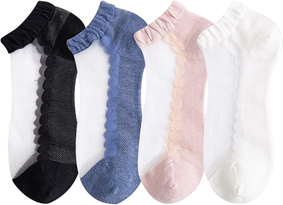 Amazon 靴下 レディース くるぶし ソックス 夏用 4足セット くつした 女性用 かわいい レースソックス 人気 極薄 くつ下 おしゃれ シースルーソックス 蒸れない メッシュソックス葉柄 マカロン色 ソックス 通販