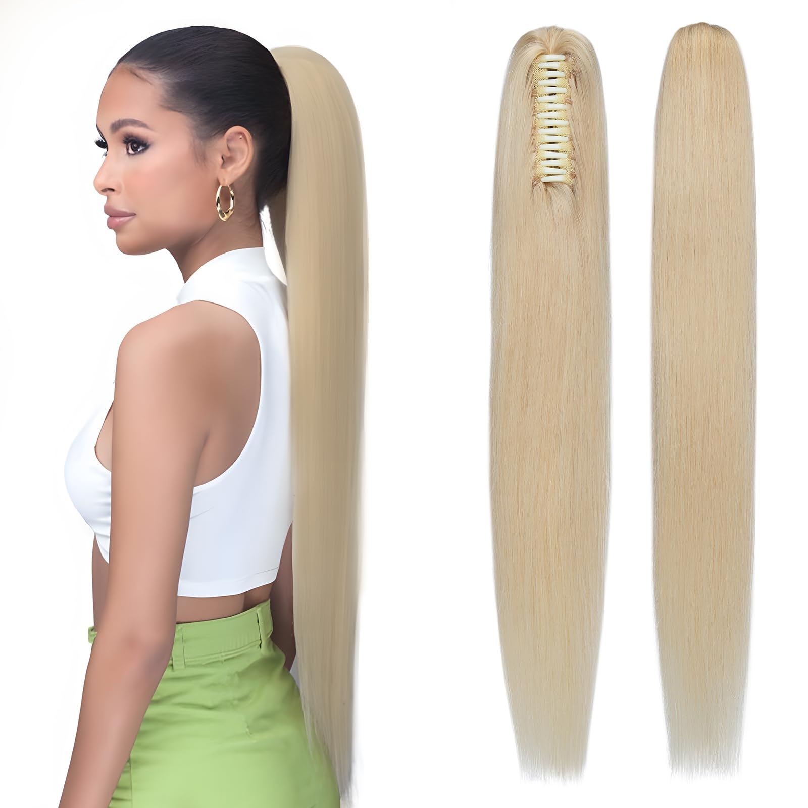 Elailite Claw on Ponytail Extension Real Human Hair Clip Natural HairPiece Straight (#613 Bleach Blonde, 16 Inch) โ image 1