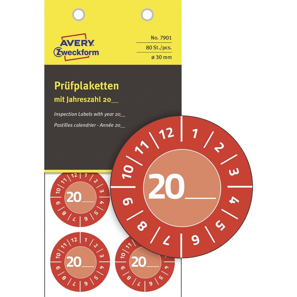 AVERY Zweckform Pack of 80 Test Badges 20 (with Year to Enter Yourself, Durable, Strong Self-Adhesive, 30 mm, Test Stickers, Writeable Test Seal Made of Vinyl Adhesive Film) 7901 Red