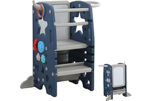 UNICOO® Multifunctional Kids Step Stool w/Double Safety Rails, Height Adjustable, Toddler Tower for Kitchen Countertop and Bathroom w/Drawing Board & Storage (OMLT-Dark Blue)