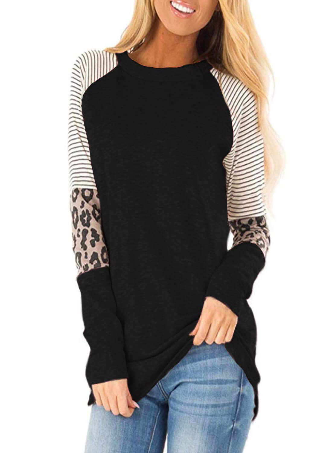 Dokotoo Womens Color Block Long Sleeve Tees Casual Tops Leopard Print Loose T-Shirt Black Plus Size 20 22