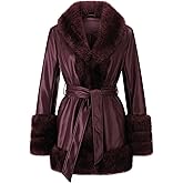 WYOYW Women Faux Fur Leather Jacket Fur Collar Coat Fur Lined Winter Warm Parka With Belt