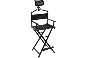 CRYBY Foldable Makeup Artist Chair, Floor Standing Makeup Stool Chair Tall Directors Chair with Head Rest and Footrest, Portable Aluminum Frame Makeup Chair Outdoors Folding Chair, Black