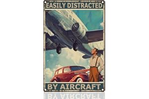 Vintage Airplane Wall Decor Metal Tin Sign Easily Distracted By Airplanes Retro Poster for Home Room, Man Cave Garage Office 