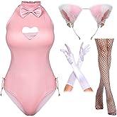 Yuriko Womens Bunny Costume Girl Suit Button Crotch Romper Onesie Bodysuit Cosplay Costume Furry Cat Ear Gloves Socks set(Pink M)