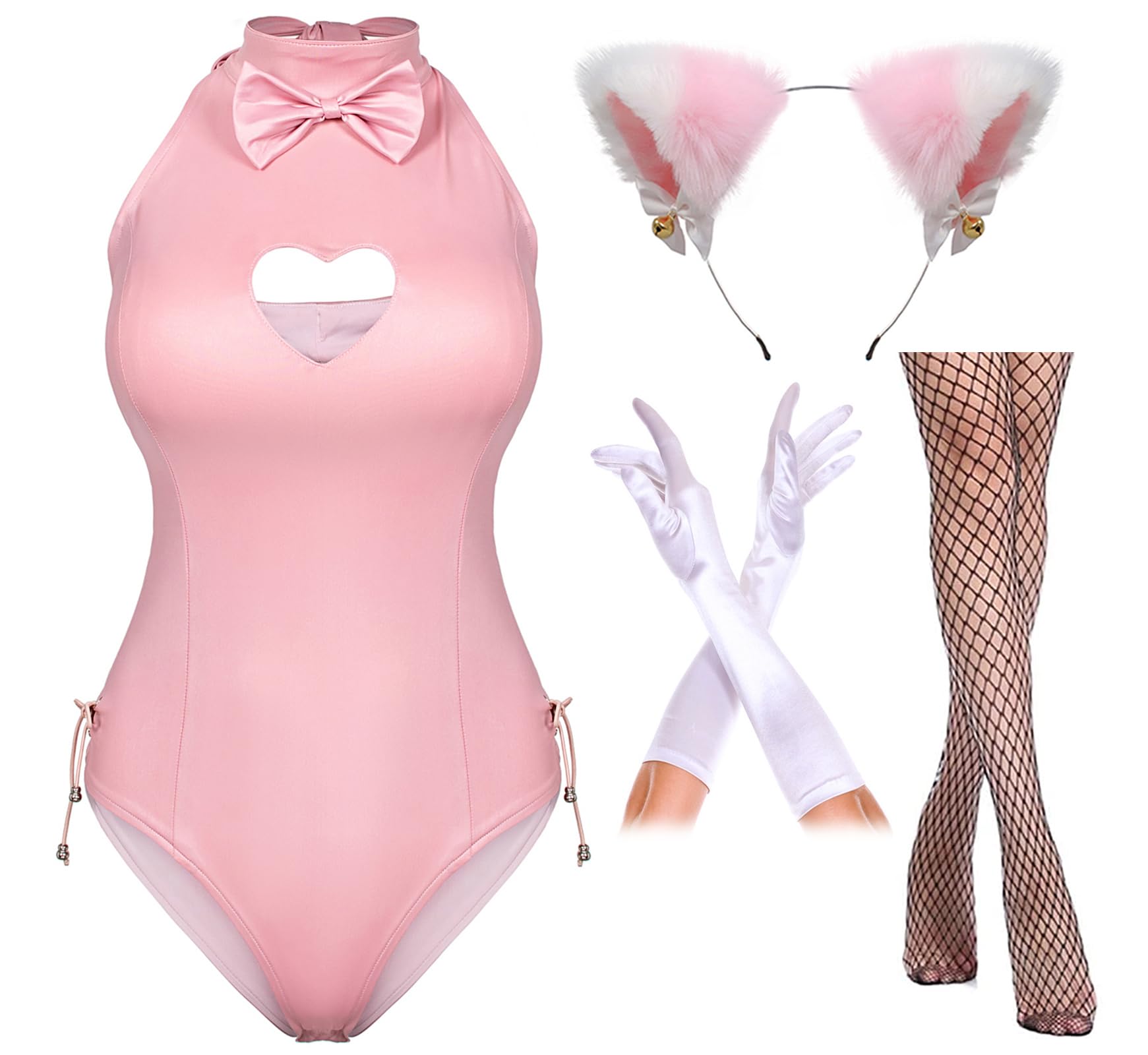 Photo 1 of *MINOR DAMAGE - USED*
Yuriko Womens Bunny Costume Girl Suit Button Crotch Romper Onesie Bodysuit Cosplay Costume Furry Cat Ear Gloves Socks set(Pink M)