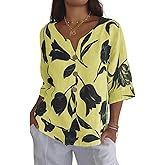 Chicyoo Womens 3/4 Length Sleeve Tops Dressy Casual V Neck Boho Floral Print Summer Blouses Shirts