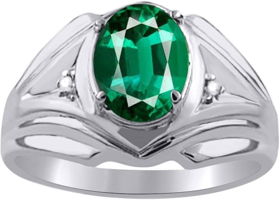 Mens Simulated Emerald & Diamond Ring 14K White Gold