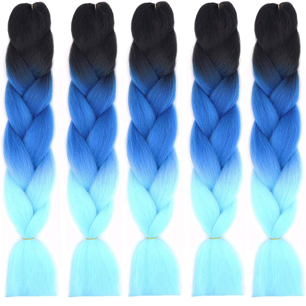 24" Braiding Hair Extension Jumbo Braids Synthetic 5bundles/pack Crochet Hair Afro Box Braid Heat Resistent (Black&Sapphire&Sky blue)