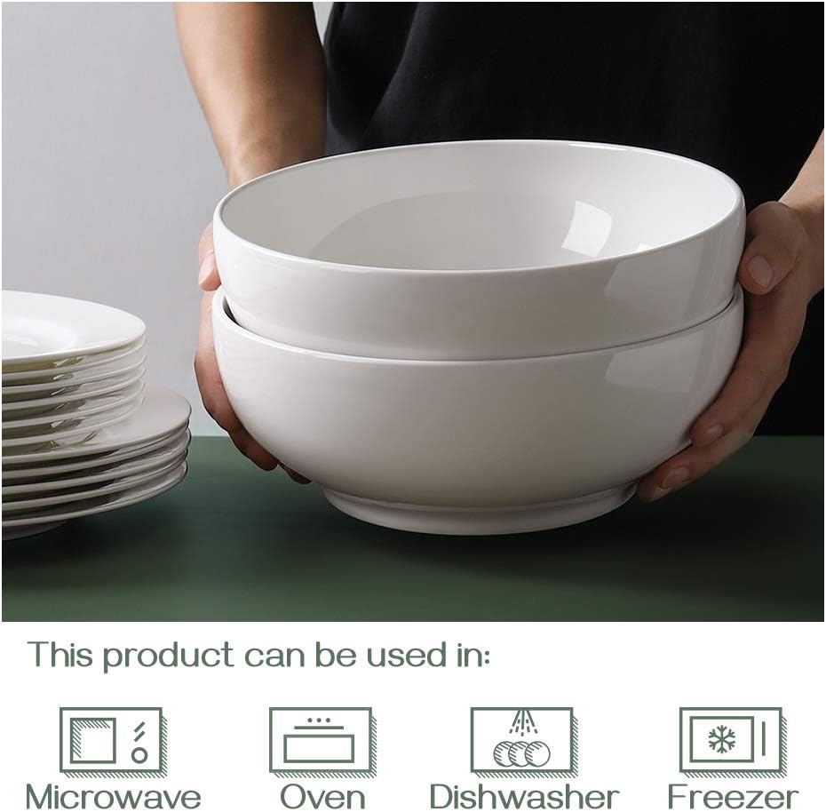  | DOWAN 9.5" Large Serving Bowls, 2.8 Quart Big Salad Bowls, Porcelain Pasta Bowl Set, Sturdy Mixing Bowls, Microwave & Dishwasher Safe, Deep Soup Bowl for Family Kitchen, White Bowls, Set of 2: Serving Bowls