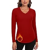 WOWENY Thermal Shirts for Women V Neck Fleece Lined Long Sleeve Base Layer Soft Warm Underwear Tops Cold Weather