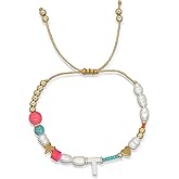 Agriajun Valentines Day Initial Pearl Beaded Adjustable Bracelets for Women, Cute Handmade Gold Clay Beads Friendship Heart Letter Name Bracelet Holiday Beach Jewelry Friend Gift