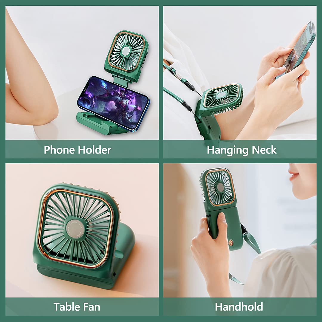 Portable Handheld Personal Necklace Fan Foldable Mini Quiet USB Rechargeable Fan With Mobile phone bracket function, 3000mAh Power Bank Hands Free Necklace Fans (Upgrade Green)