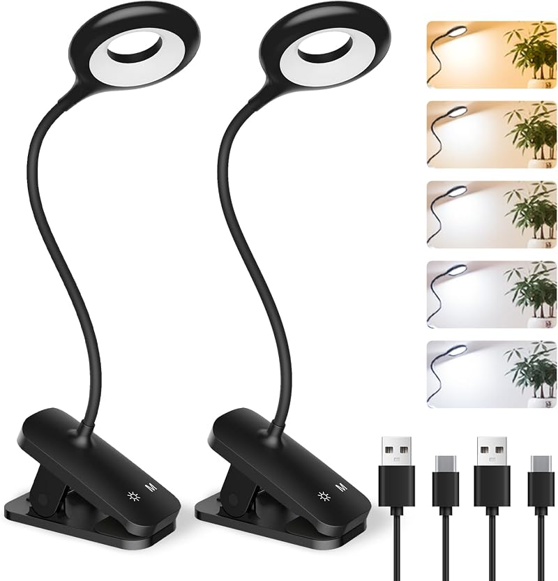 CUHIOY 2Pack Clip On Bed Light Rechargeable 5 Color 5 Brightness Touch