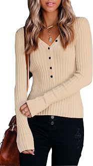 V Neck Button Up Ribbed Knit Tunic Tops 