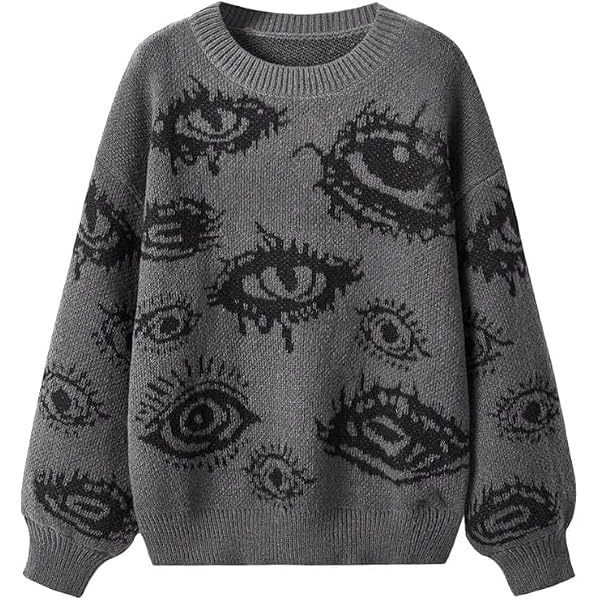 WDIRARA Women's Goth Cartoon Pattern Sweater Long Sleeve Crewneck