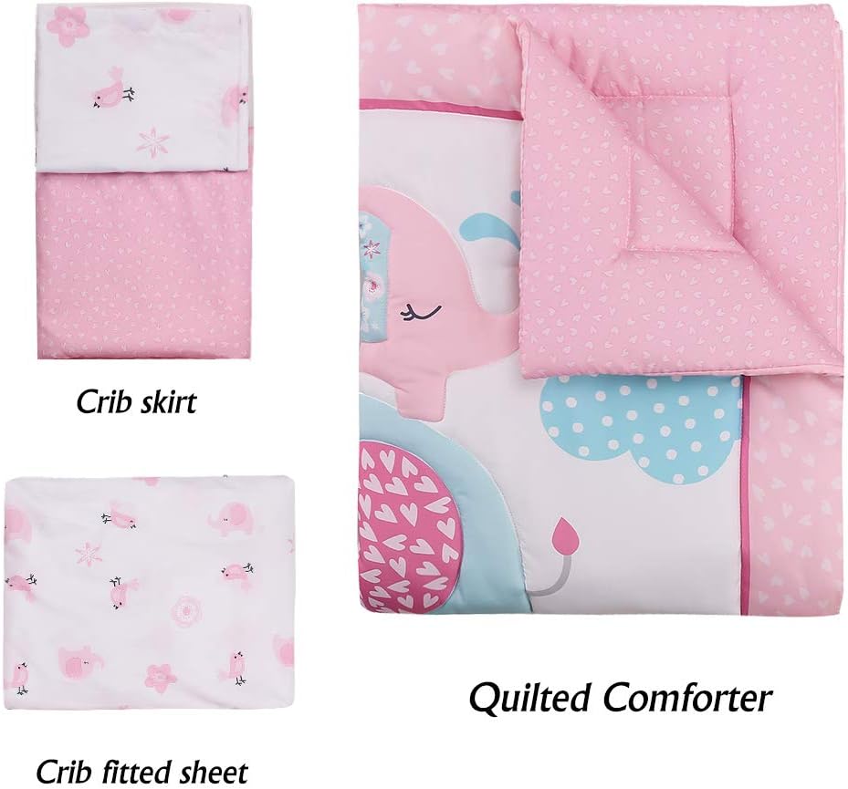Pink Elephant Baby Crib Bedding Set 3 Pieces Baby Nursery Bedding Sets for Girls with Baby Comforter,Crib Fitted Sheet, Crib Skirt: Kitchen & Dining