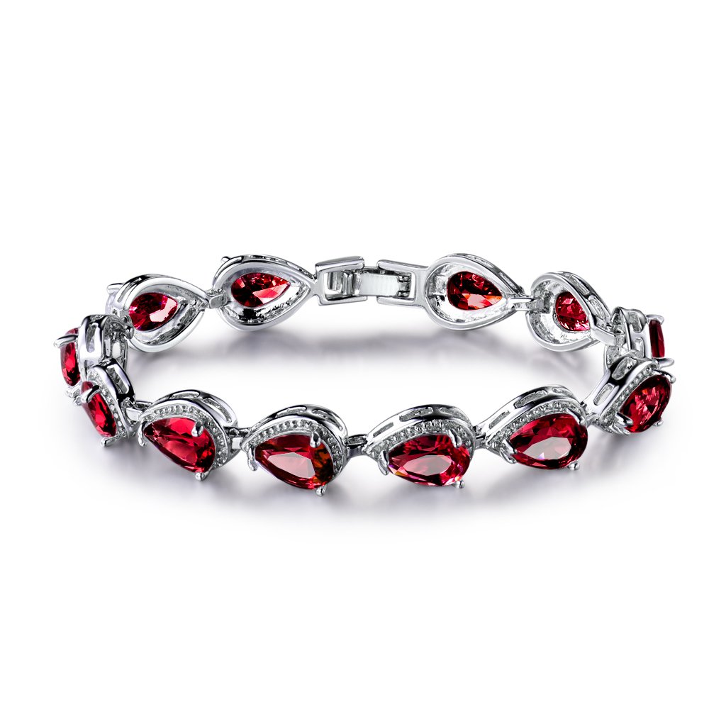 GULICX Lady Party Teardrop Tennis Bracelet Link Chain Red Garnet Color Cubic Zirconia Silver Tone — image 1
