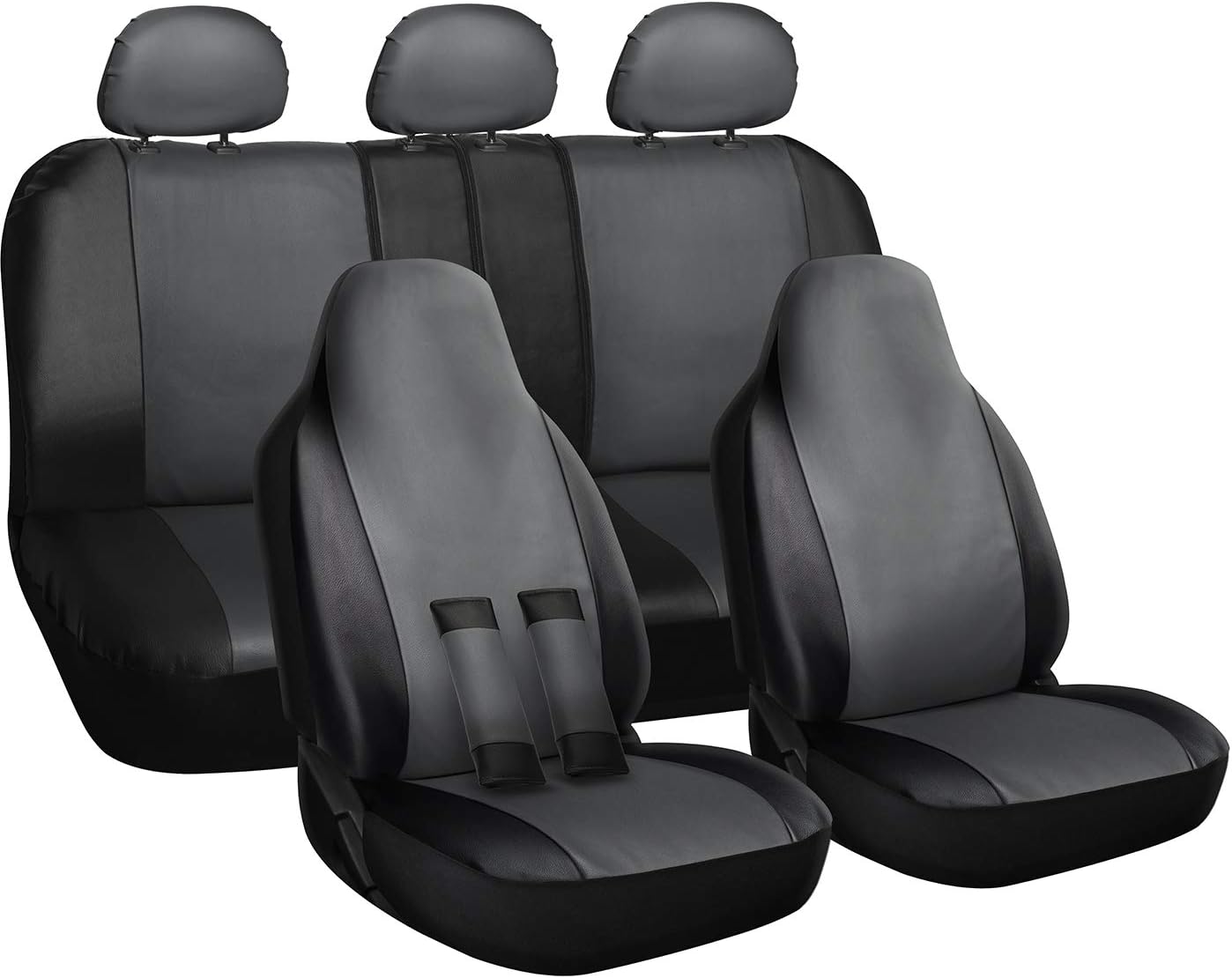 OxGord Faux Leather Gray/Black Car Seat Covers Set - Airbag - Universal Fit for Car, Truck, SUV - Steering Wheel Cover
