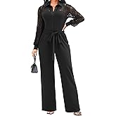 Elegant Jumpsuit for Women Dressy Sexy Lace Puff Sleeve Wide Leg Pant Suit One Piece Formal Outfits