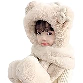 Kids Winter Hat Scarf Mittens 3 in 1 Faux Fur Hat Hooded Scarf Earflap Cap Neck Warmer Fuzzy Hoodie Ski Snow Cap Gloves Set
