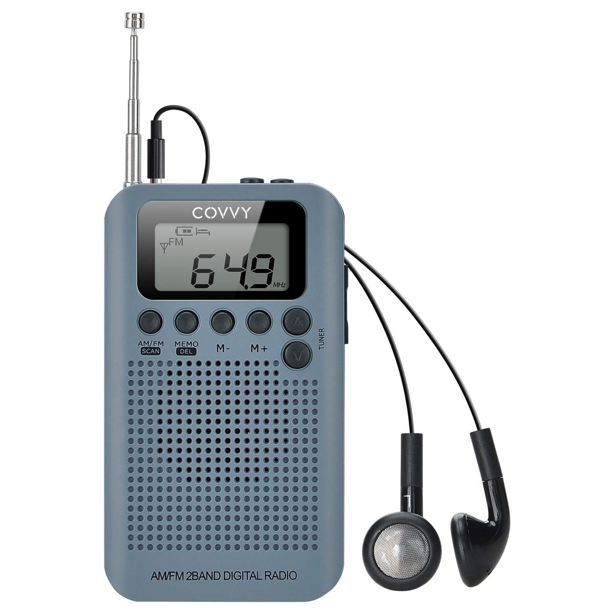 AM FM 2 Band Radio COVVY Digital 12/24H Time Display Radio Battery Operated Tuning Stereo Personal Radio with Earphone, Loud Speaker, Alarm Clock and Timer for Walking Running Jogging (Gray)