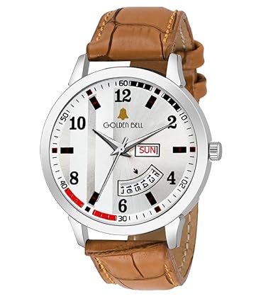 Golden Bell Stylish Day and Date Calender Function Analogue Display White Dial Tan Brown Leather Strap Boys and Mens Watch - GB-1192
